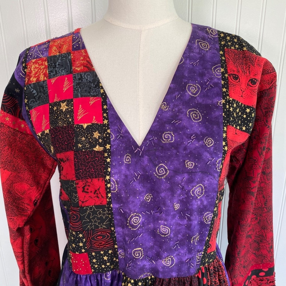 Handmade Womens Celestial Whimsigoth Midi Dress Size M Cats Beaded Unique Patch - Picture 5 of 14
